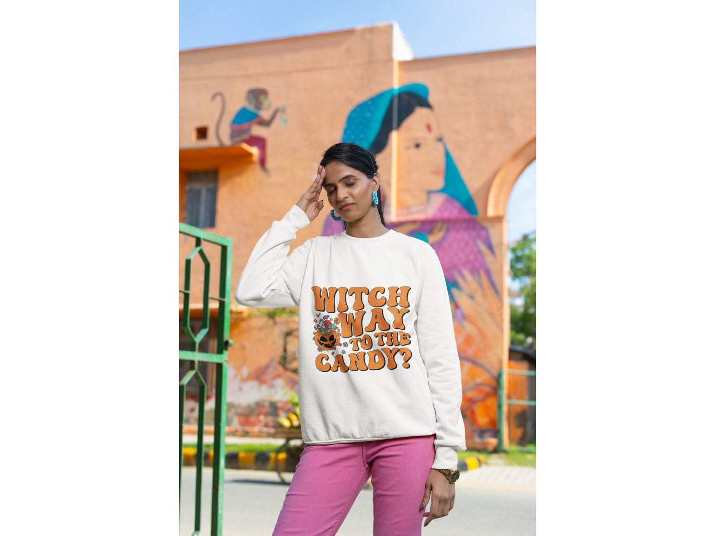 Witch Way to the Candy Halloween Sweatshirt – Bella+Canvas 3501 Unisex Pullover – Spooky Funny Fall Sweater (S–3XL, Multiple Colors)