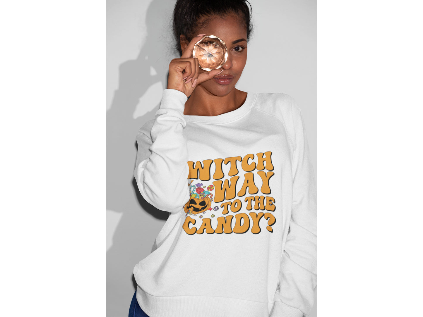 Witch Way to the Candy Halloween Sweatshirt – Bella+Canvas 3501 Unisex Pullover – Spooky Funny Fall Sweater (S–3XL, Multiple Colors)
