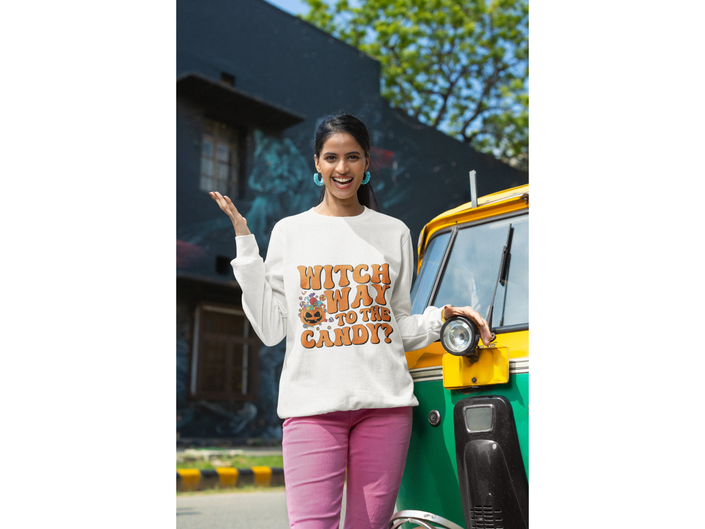 Witch Way to the Candy Halloween Sweatshirt – Bella+Canvas 3501 Unisex Pullover – Spooky Funny Fall Sweater (S–3XL, Multiple Colors)
