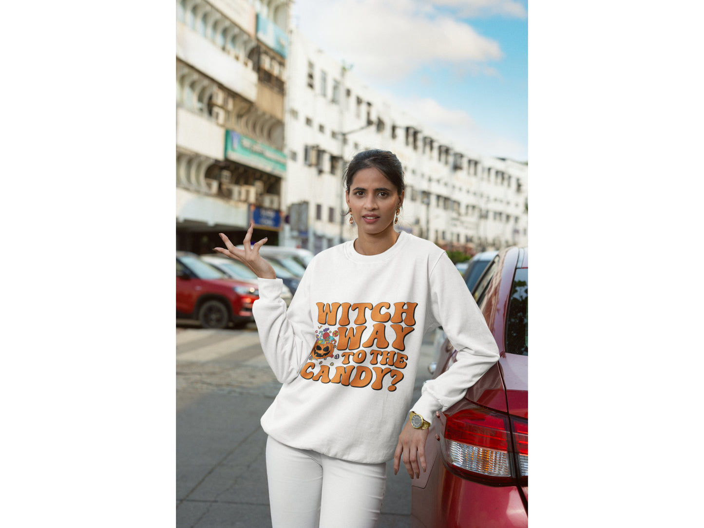 Witch Way to the Candy Halloween Sweatshirt – Bella+Canvas 3501 Unisex Pullover – Spooky Funny Fall Sweater (S–3XL, Multiple Colors)