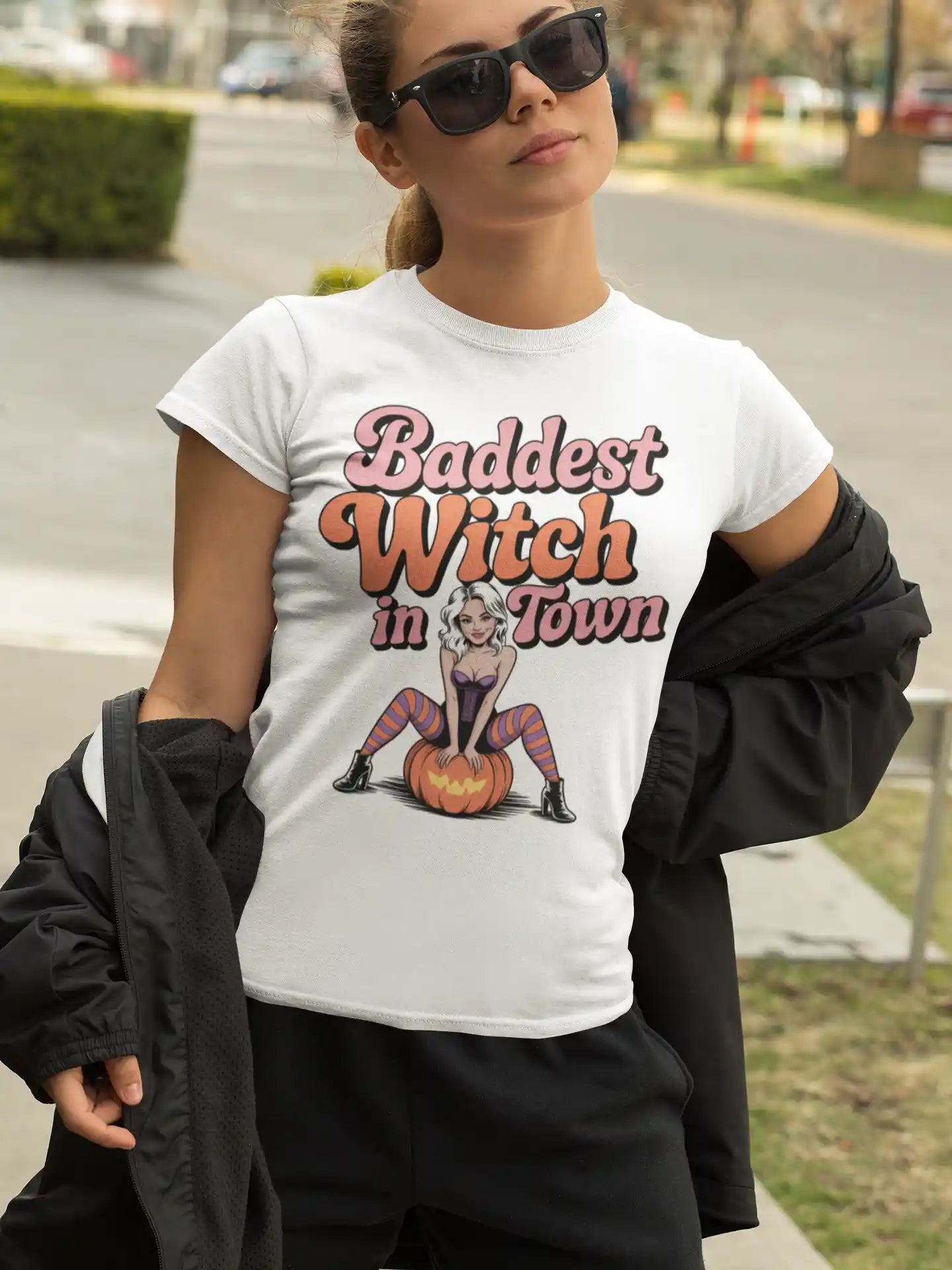 Baddest Witch in Town Retro Halloween Bella+Canvas 3001 T-Shirt – Spooky Cute Fall Tee