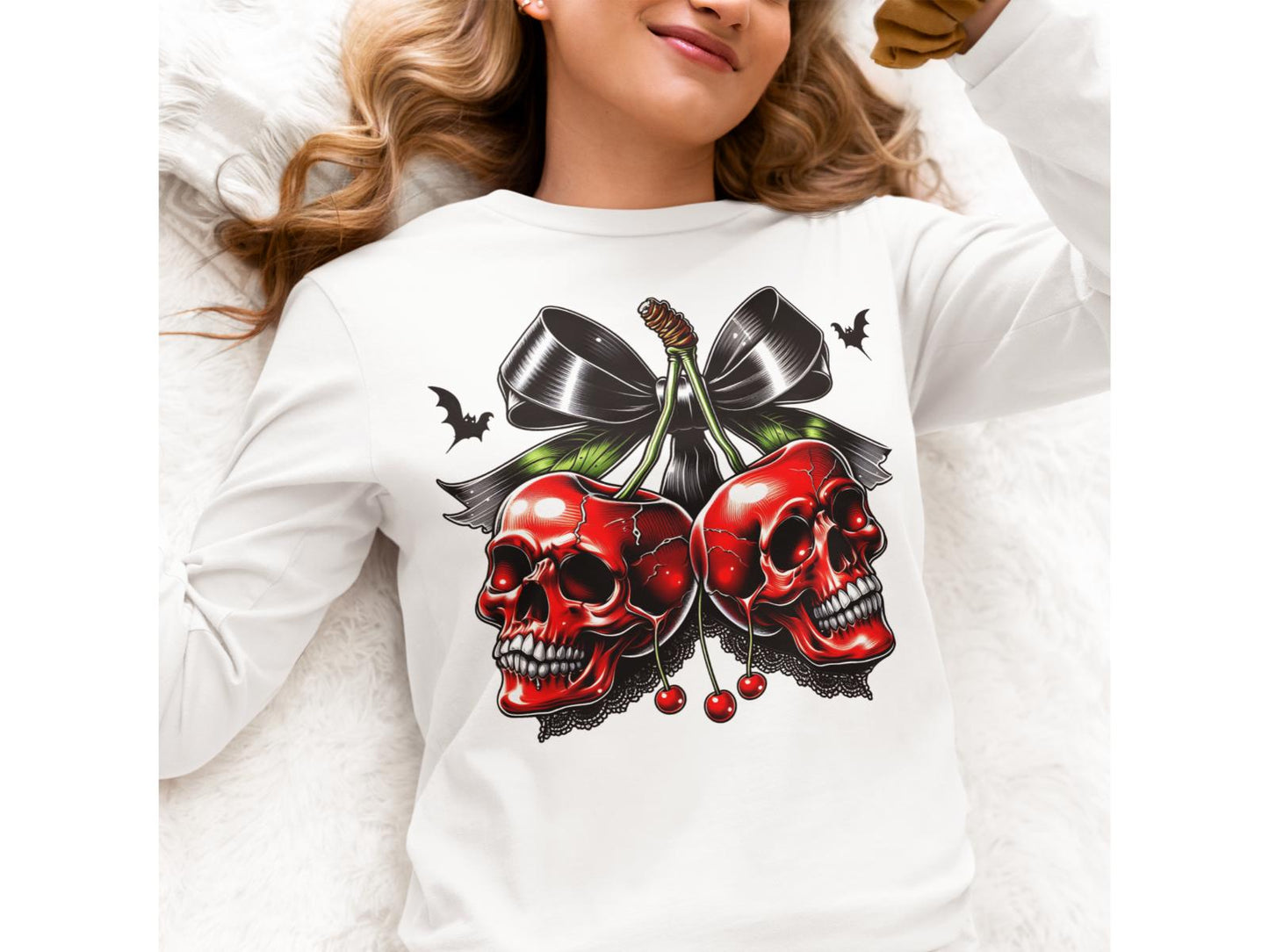 Spooky Cherry Halloween Bow Sweatshirt – Cute & Creepy Fall Vibes