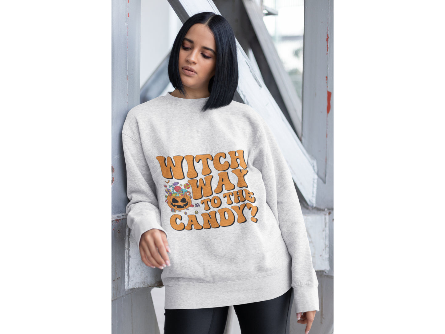 Witch Way to the Candy Halloween Sweatshirt – Bella+Canvas 3501 Unisex Pullover – Spooky Funny Fall Sweater (S–3XL, Multiple Colors)