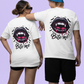 Two people wear white t-shirts with a gothic vampire lips design on the back.