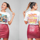 White t-shirt with anime characters on the front and text on the back.