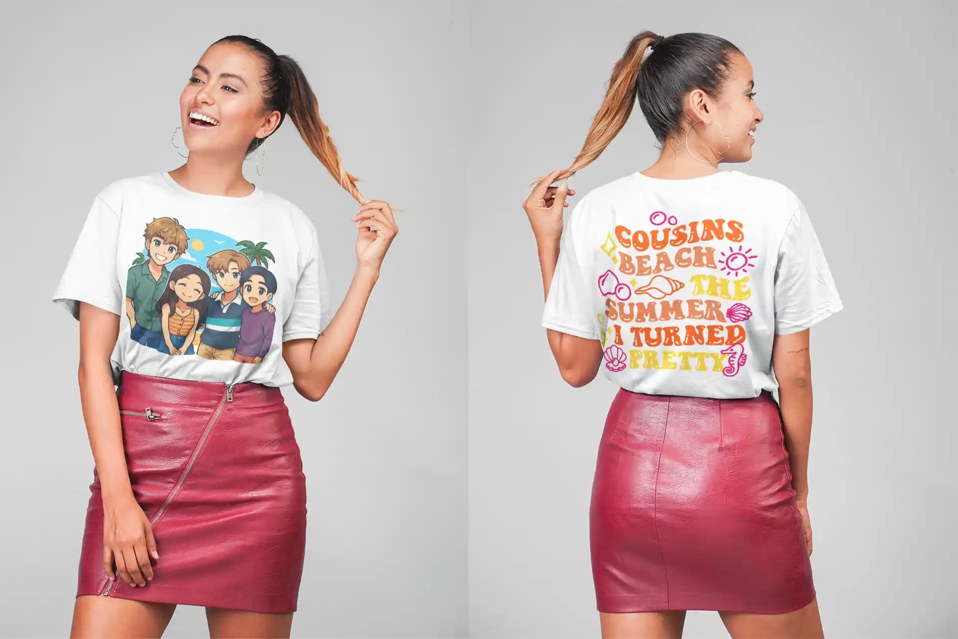 White t-shirt with anime characters on the front and text on the back.
