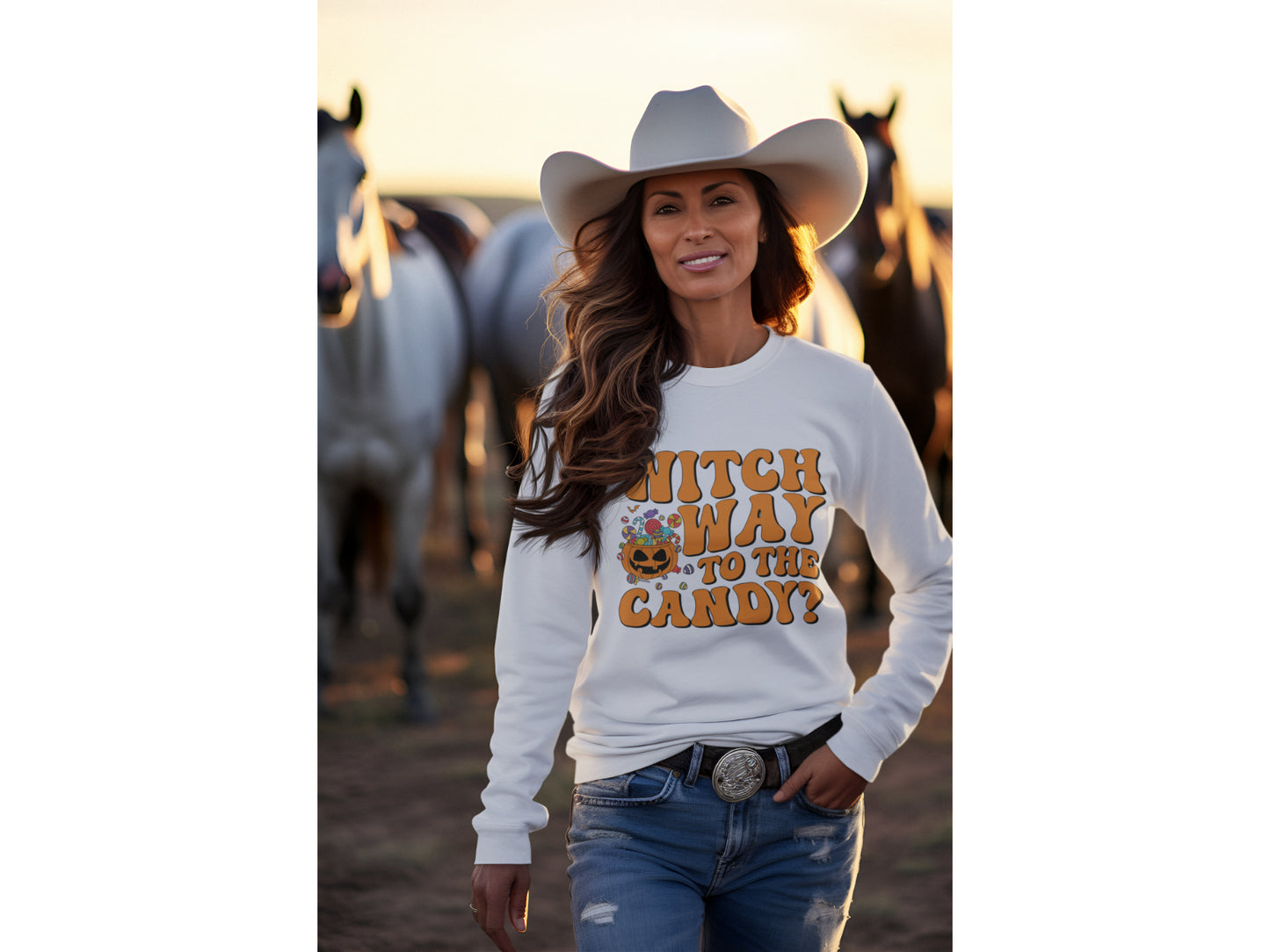 Witch Way to the Candy Halloween Sweatshirt – Bella+Canvas 3501 Unisex Pullover – Spooky Funny Fall Sweater (S–3XL, Multiple Colors)