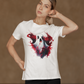 A woman wears a white t-shirt with a creepy Halloween ghost design.