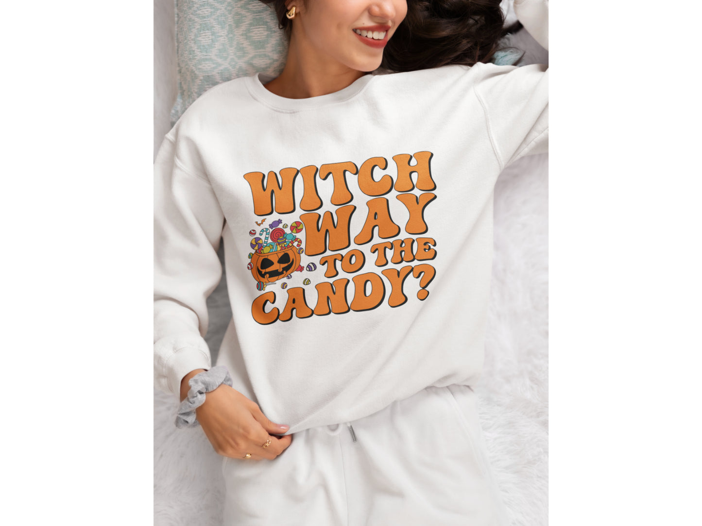 Witch Way to the Candy Halloween Sweatshirt – Bella+Canvas 3501 Unisex Pullover – Spooky Funny Fall Sweater (S–3XL, Multiple Colors)