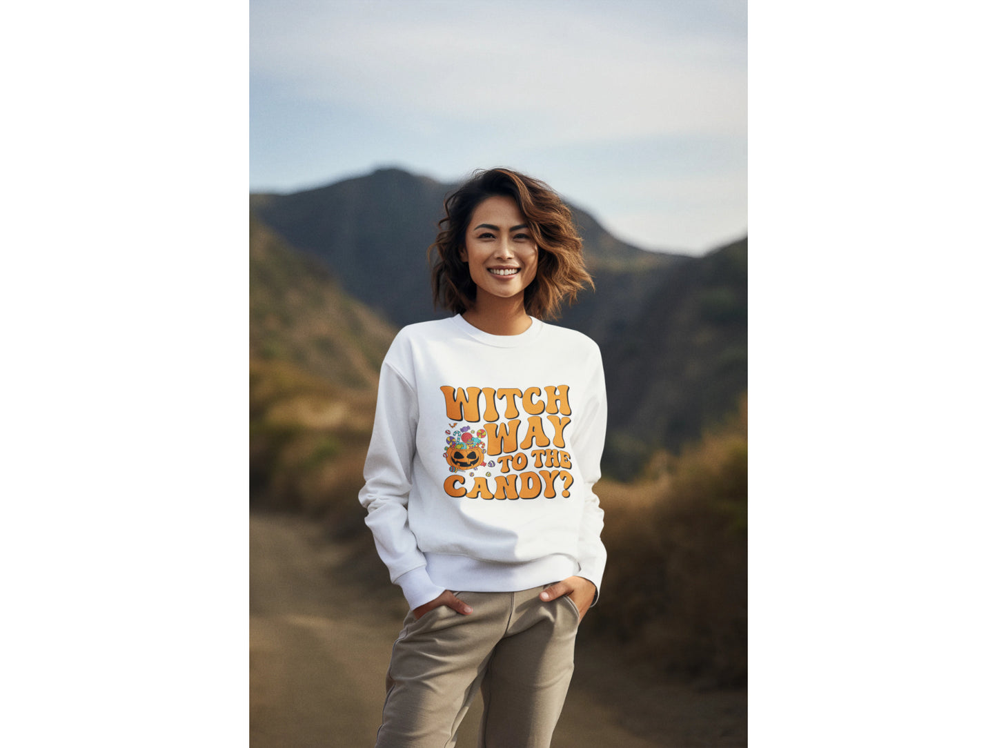 Witch Way to the Candy Halloween Sweatshirt – Bella+Canvas 3501 Unisex Pullover – Spooky Funny Fall Sweater (S–3XL, Multiple Colors)
