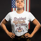 A woman wears a white t-shirt with "Baddest Witch in Town" text and a witch graphic.