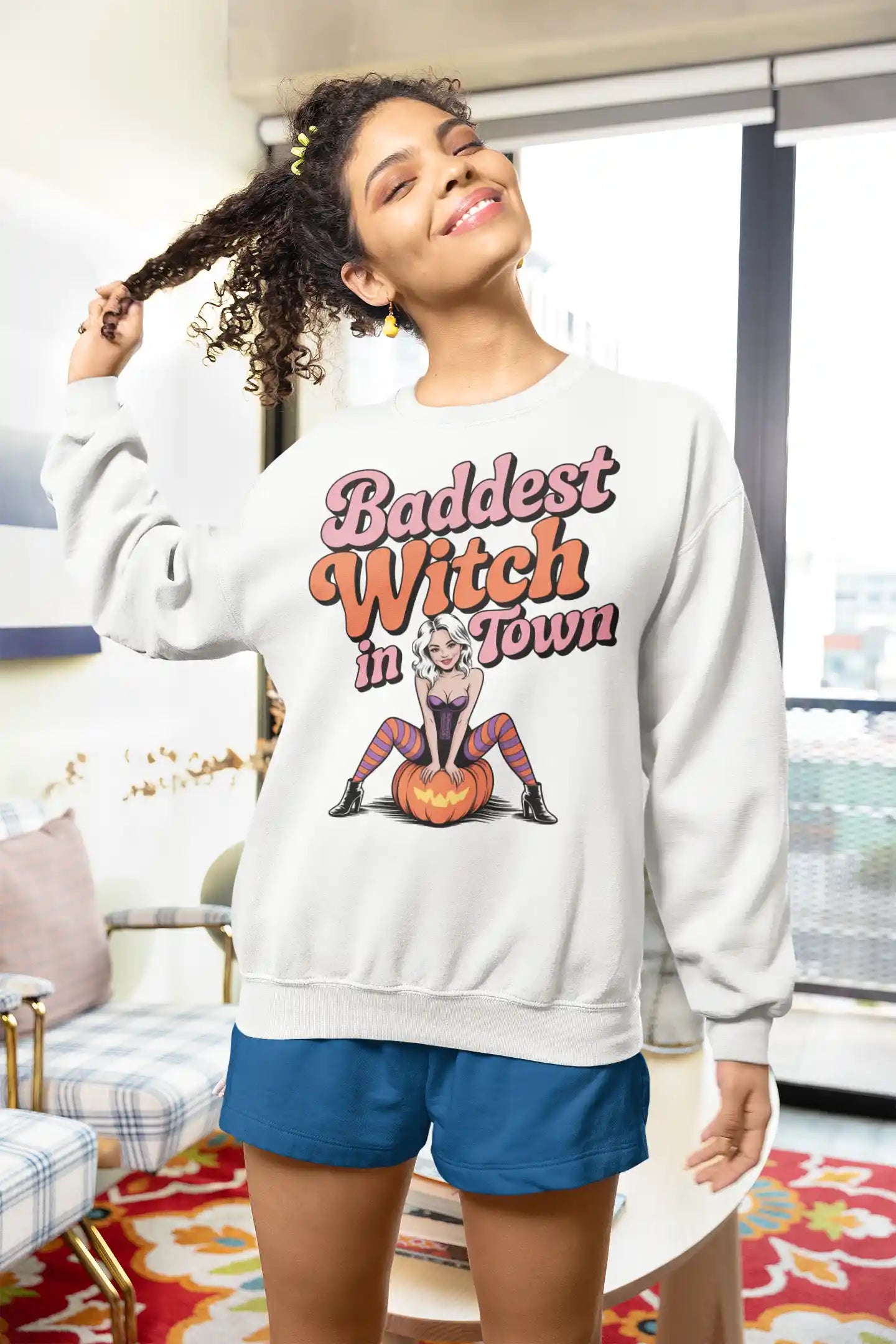 Baddest Witch in Town Retro Halloween Bella+Canvas 3501 Sweatshirt – Spooky Cute Fall Outfit