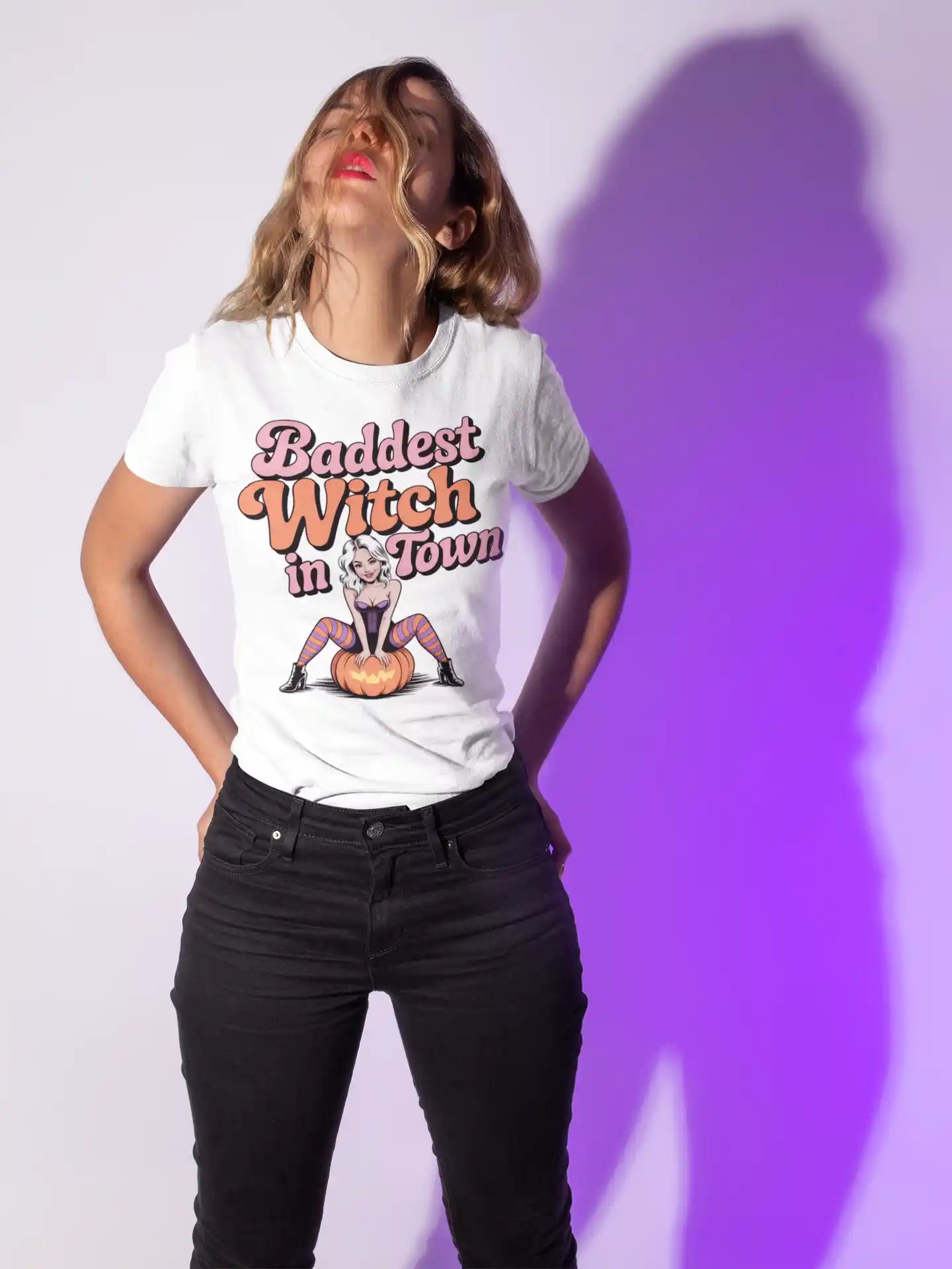 Baddest Witch in Town Retro Halloween Bella+Canvas 3001 T-Shirt – Spooky Cute Fall Tee