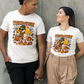 Two people wear white "Trick or Treat" t-shirts with a duck, pumpkins, and spiderwebs.