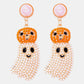 Halloween ghost shape dangle earrings with orange pumpkin heads and pearl bodies.