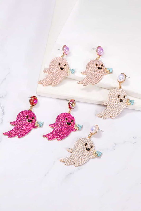 Six pairs of ghost-shaped dangle earrings with synthetic pearls in pink, fuchsia, and white.