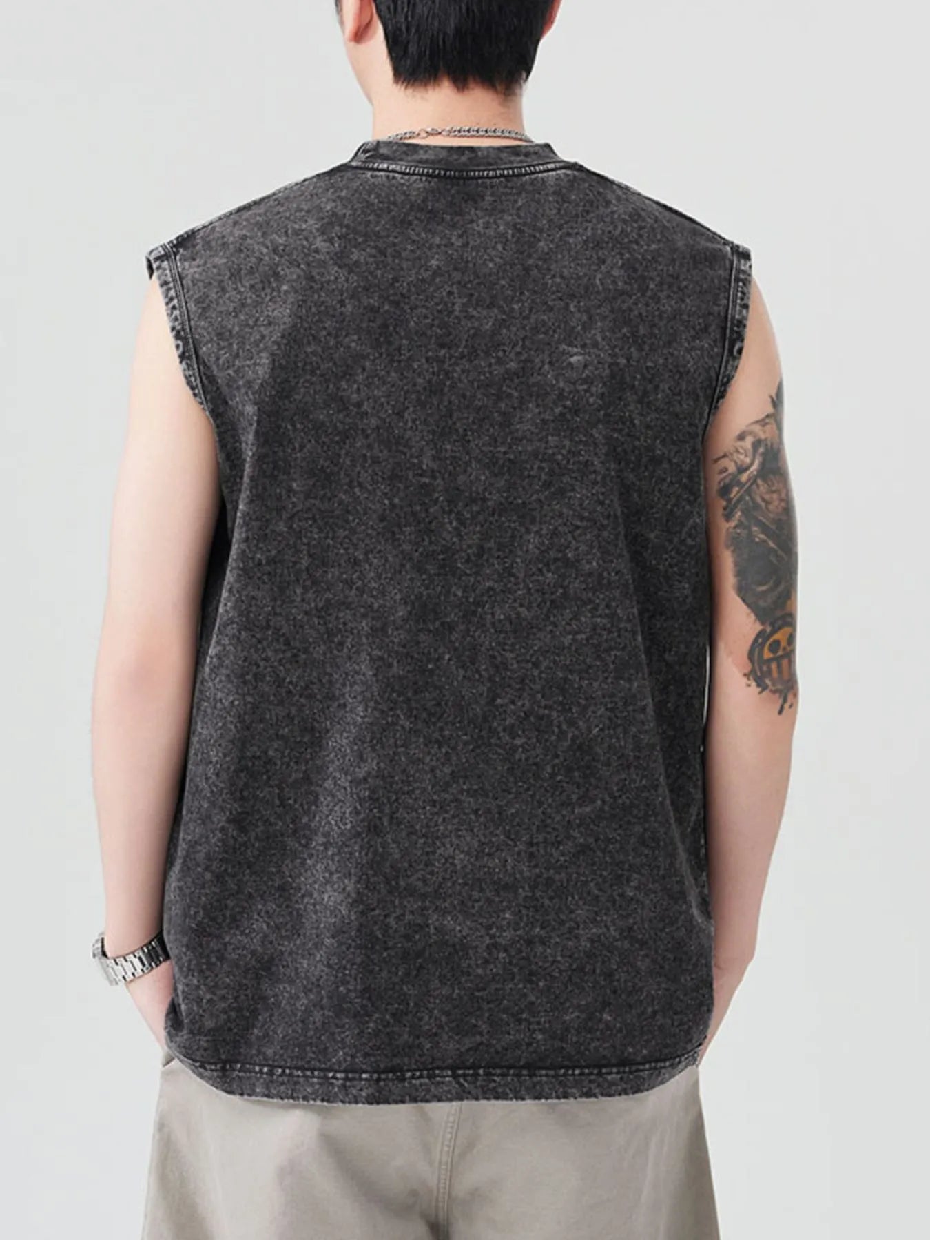 Men's black acid wash tank top with a round neck.