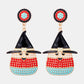 Witch's hat shape dangle earrings with synthetic pearls in red, black, white, and blue.