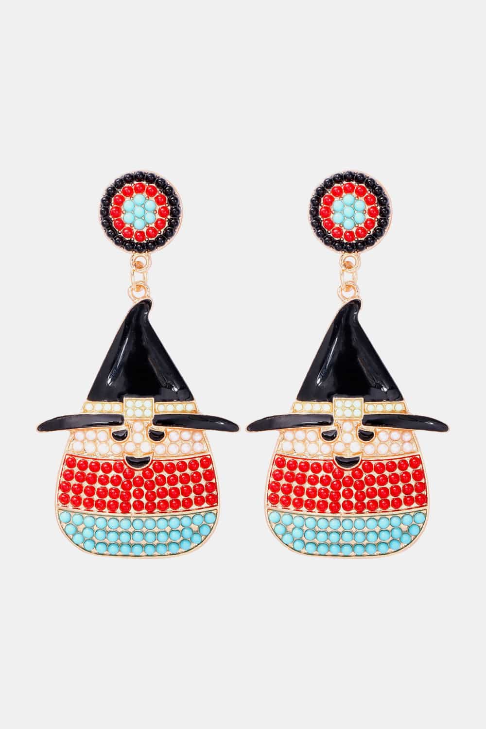 Witch's hat shape dangle earrings with synthetic pearls in red, black, white, and blue.