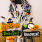 Halloween Trick or Treat hanging widget with pumpkins, a witch gnome, and a cauldron.