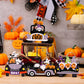 Four Halloween-themed car-shaped hanging widgets featuring gnomes, pumpkins, and ghosts.