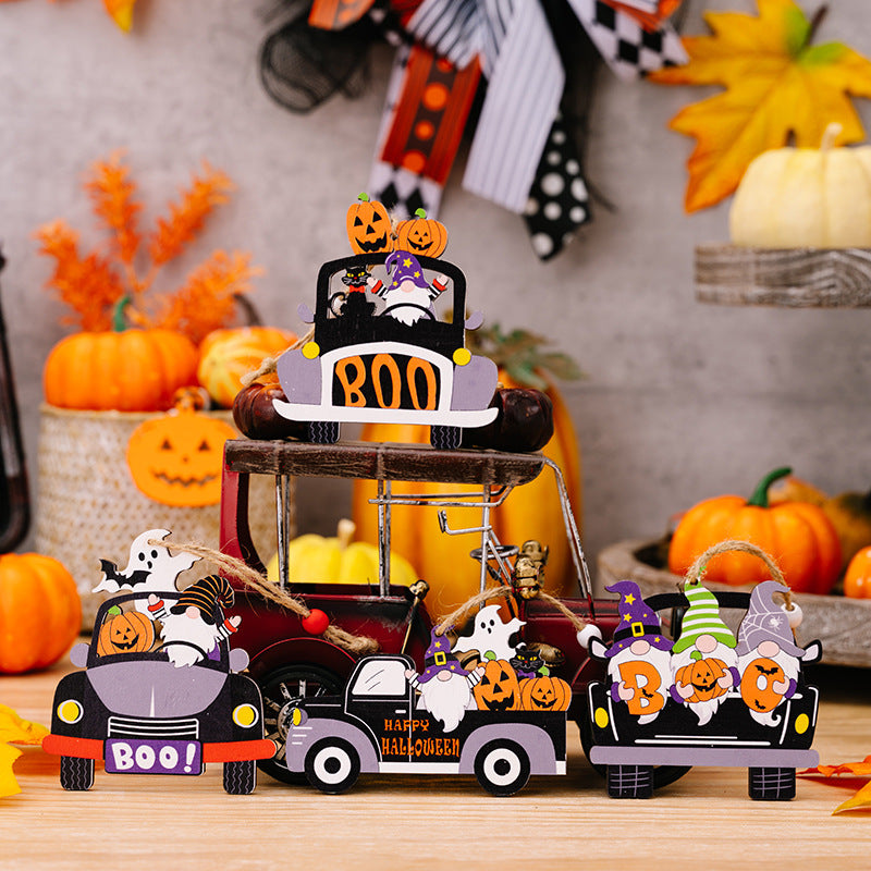 Four Halloween-themed car-shaped hanging widgets featuring gnomes, pumpkins, and ghosts.