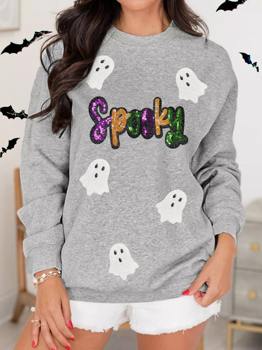 Halloween Spooky Ghost Sequin Sweatshirt with bats.