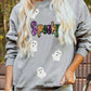 Halloween Spooky Ghost Sequin Sweatshirt in gray with a blonde model.