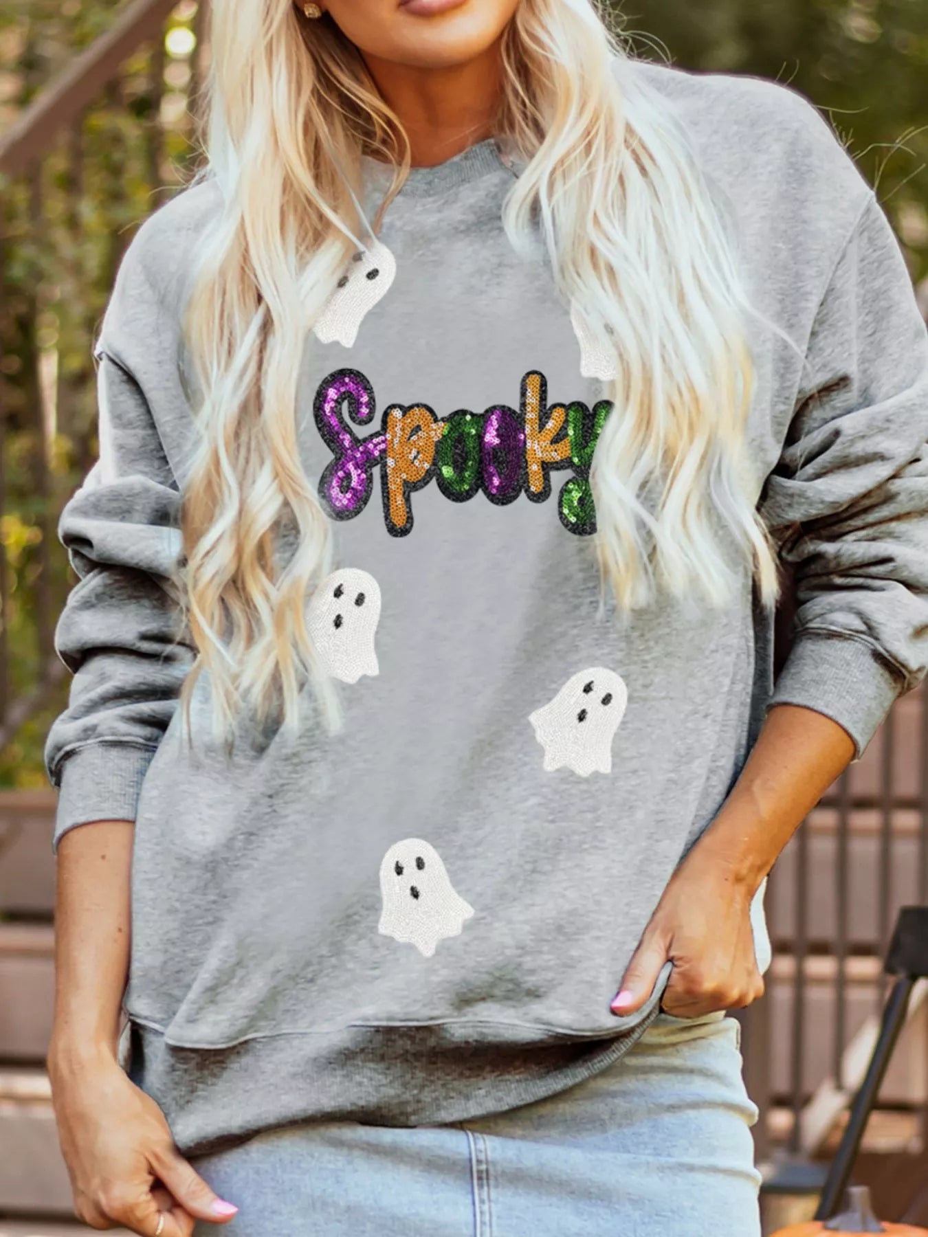 Halloween Spooky Ghost Sequin Sweatshirt in gray with a blonde model.