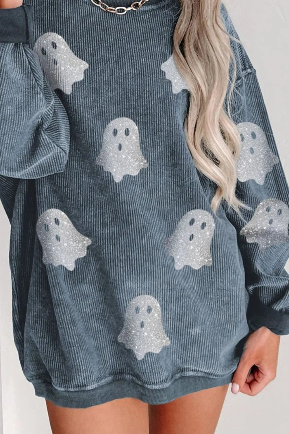Glitter ghost round neck long sleeve sweatshirt.