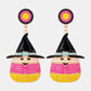 Witch's hat shape dangle earrings with synthetic pearls in pink, yellow, and white.