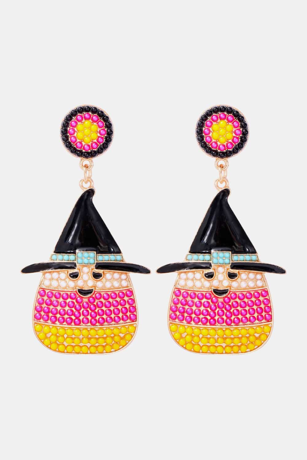 Witch's hat shape dangle earrings with synthetic pearls in pink, yellow, and white.