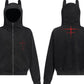 Black men's zip-up hoodie with devil horns on the hood and red text on the front and back.