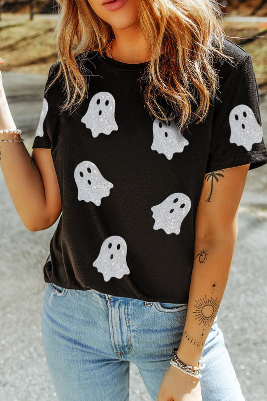 Black short-sleeve t-shirt with glitter ghost print and a round neck.