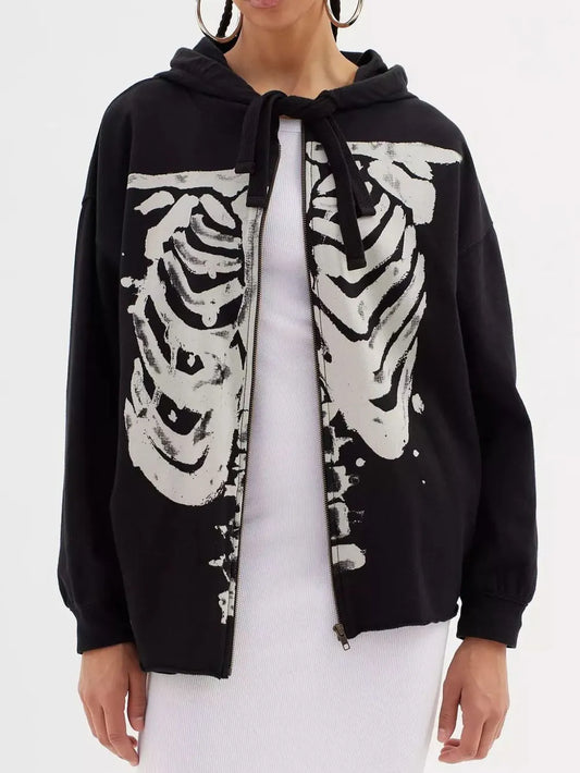Skeleton zip-up drawstring hoodie with a white rib cage graphic.