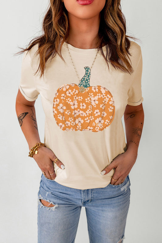 Pumpkin Graphic Round Neck Cuffed T-Shirt.