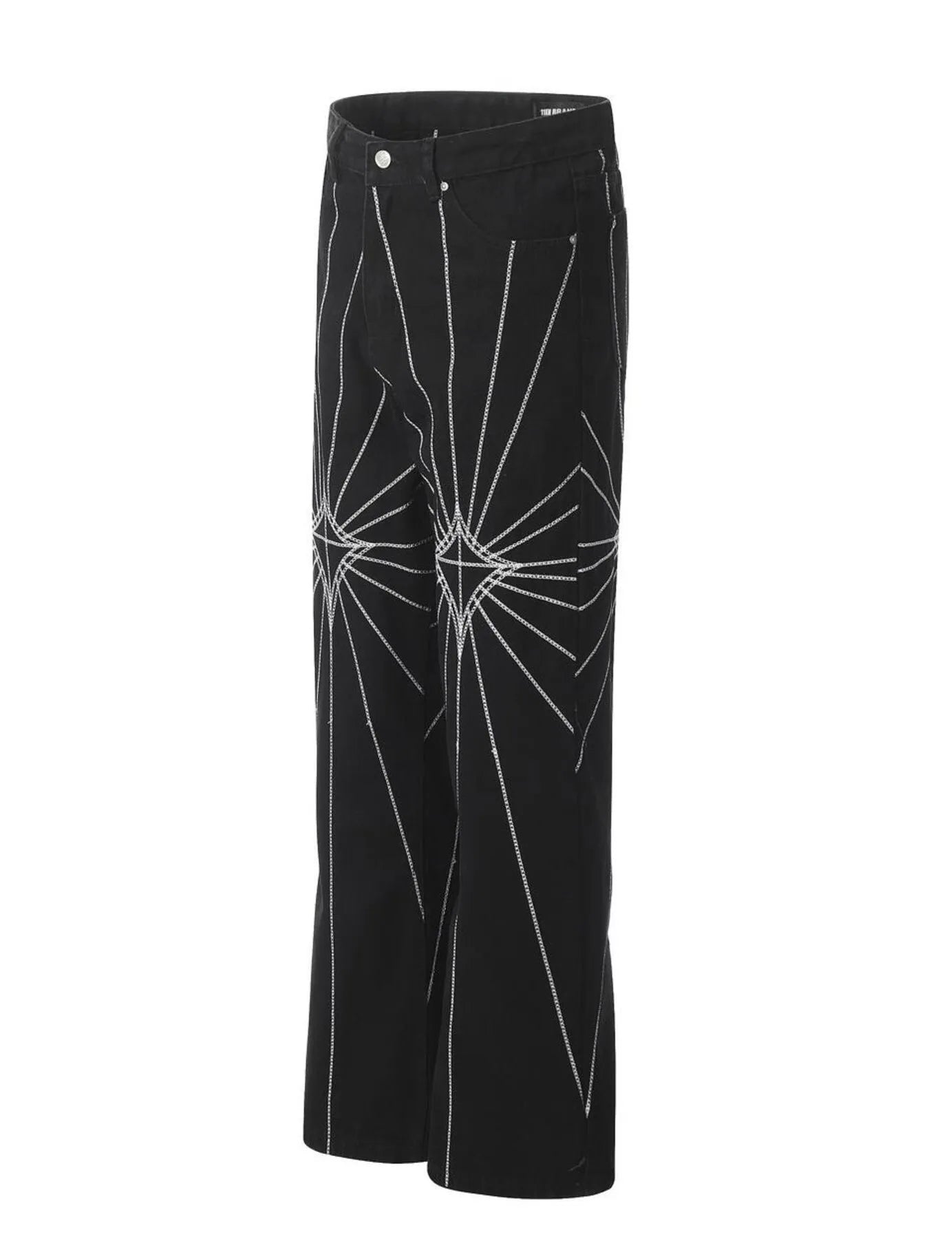 Men's black flared jeans with white spider web embroidery.