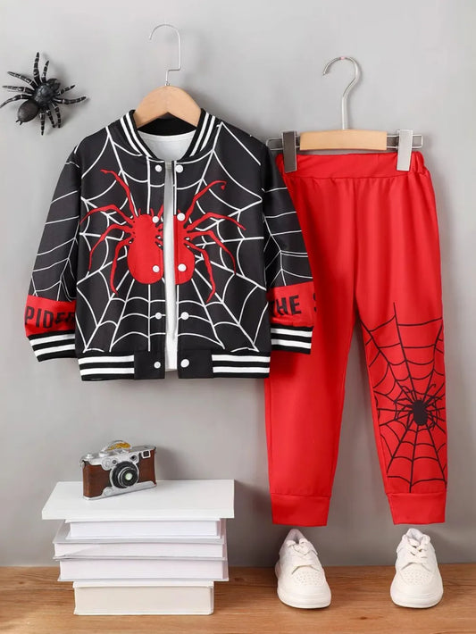 Spider-themed baseball collar top and pants set with a decorative spider and web design.