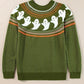 Green long-sleeve sweater with white ghost pattern and orange accents.