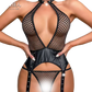 Erotic underwear, fishing net, hollowed-out, seductive patchwork leather one-piece suit