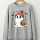 Gray long-sleeve sweatshirt with a ghost wearing a beanie, holding a drink and pumpkin.