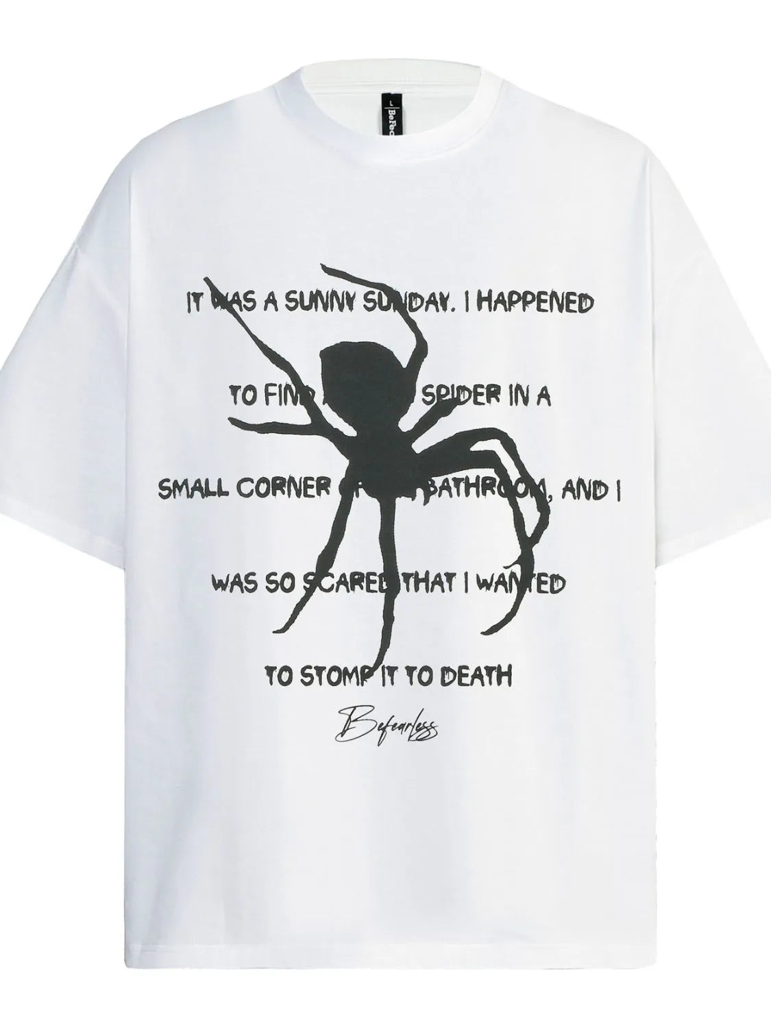 Men's oversized white t-shirt with a black spider graphic and text.