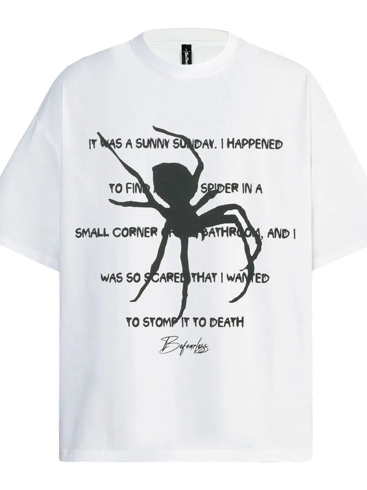 Men's oversized white t-shirt with a black spider graphic and text.