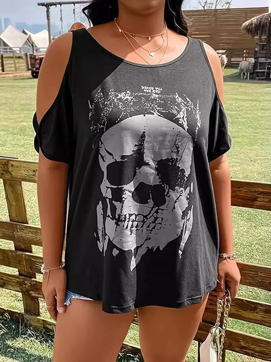 Plus size black cold shoulder t-shirt with a skeleton graphic.