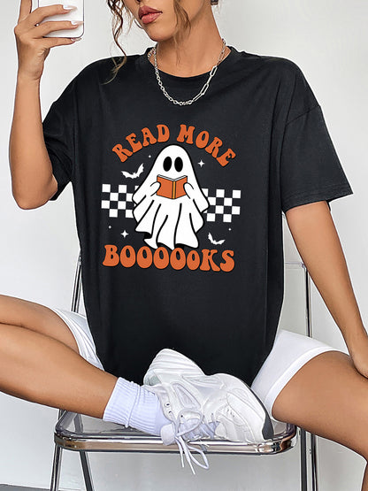 Black round neck t-shirt with a ghost graphic reading "Read More Boooooks".