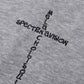 Gray hoodie with black embroidered text forming a cross shape.