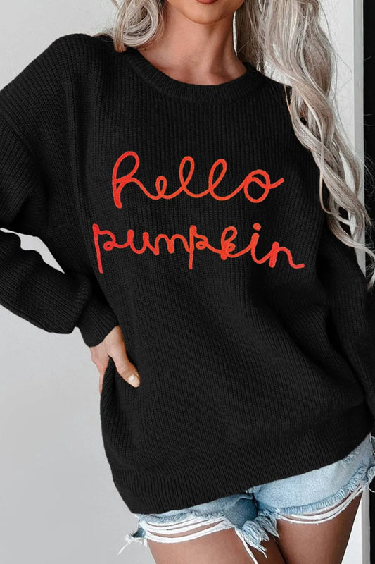 Black "Hello Pumpkin" round neck long sleeve sweater.