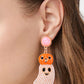 Halloween ghost shape dangle earrings with a pumpkin head and pearl-like body.