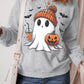 Halloween Ghost Round Neck Sweatshirt with a ghost, pumpkin, and bats graphic.