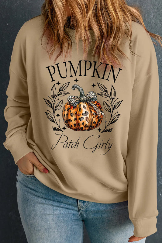 Plus size pumpkin graphic long sleeve sweatshirt with "Pumpkin Patch Girly" text.